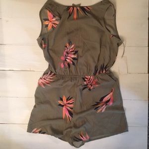 Olive Green and Floral Romper with back Cutout